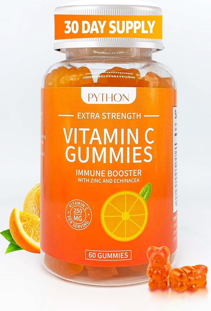 Python Vitamín C + Echinacea Supplement for Imunity and Lung Health, Supports Collagen Production, Skin Hydration, Imunity and Health, 60 Vegan Gummy Chews for Adults & Kids - 1 mesiac dodávky