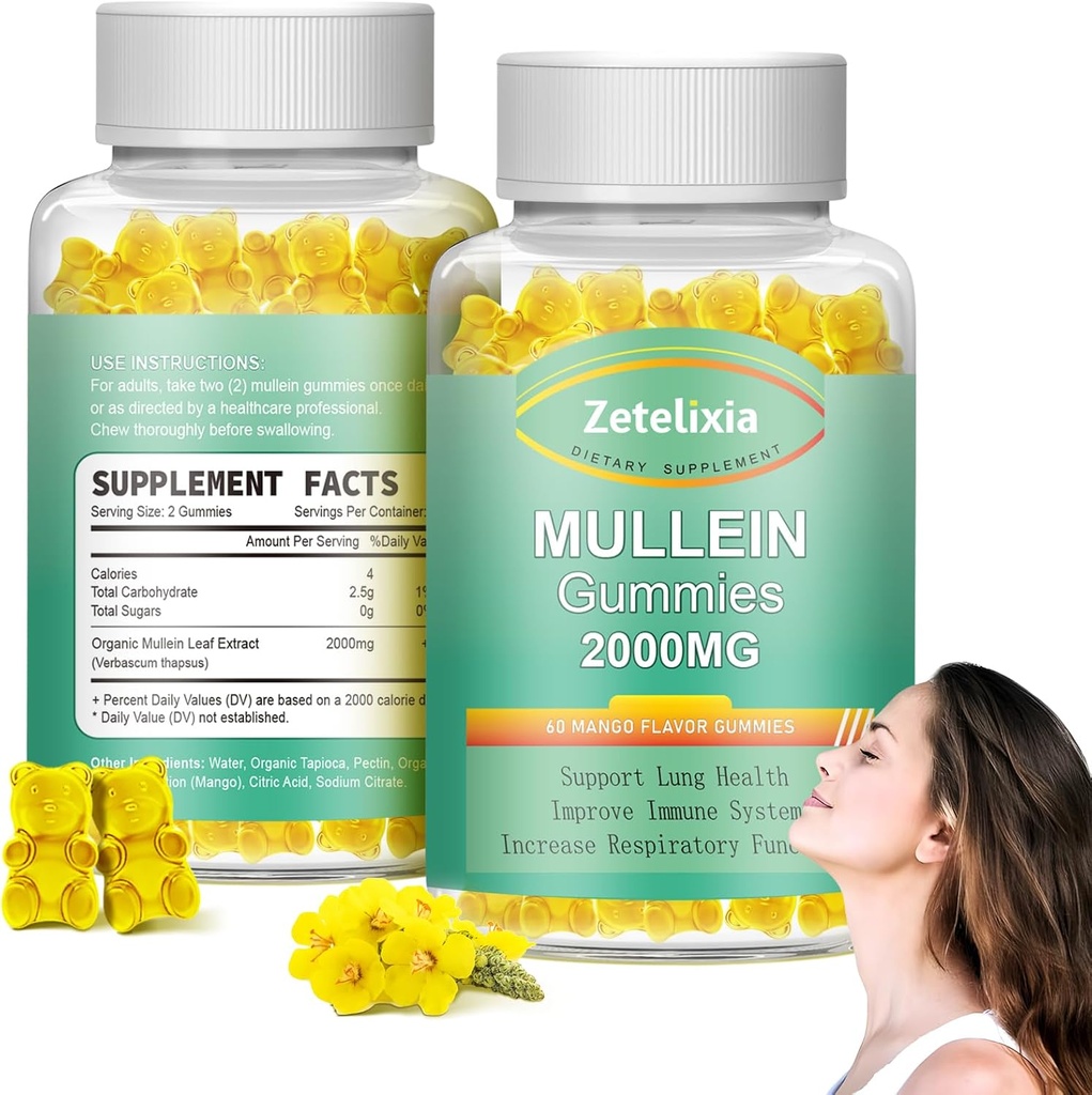 2 Balíček Mullein Gummies - Mullein Leaf Extract pre Pľúca,Lung Detox Čistiť pre fajčiarov,Mullein Lung Support Supplement for Immune Support,Mucus Relief,120 Cukor zdarma Vegan Gummies