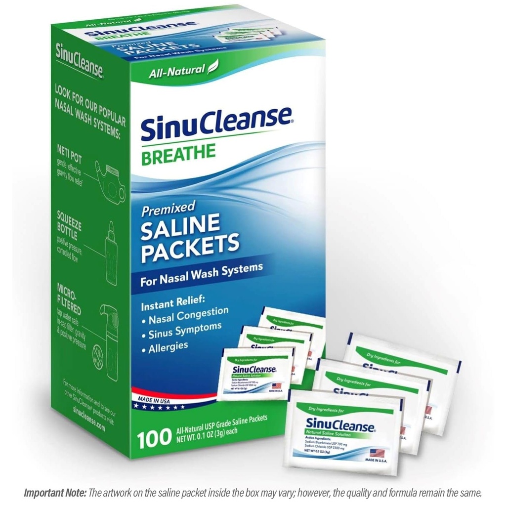 SinuCleanse Pre-Mixed Saline Pakets for Sinus Rinse and Nasal Irrigation Systems, 100 Gróf, Made in USA, All-Natural, Pharmaceutical Grade and PH Balanced