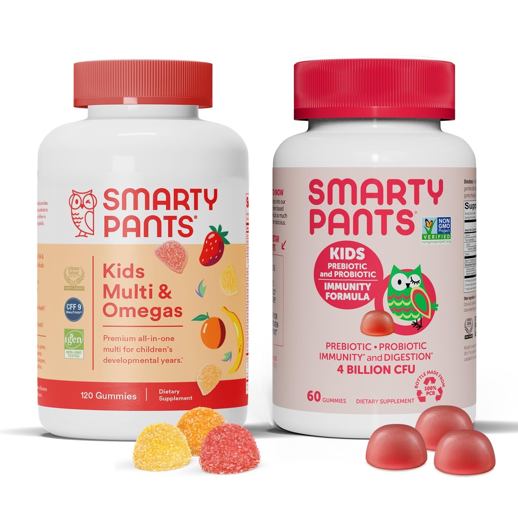 SmartyPants Kids Multivitamínové Gummy a probiotické Imunity Bundle: Omega 3 Rybí olej (EPA/DHA), Vitamín D3, C, vitamín B12, B6, Digestive & Immune Suplement (30-dňová ponuka)