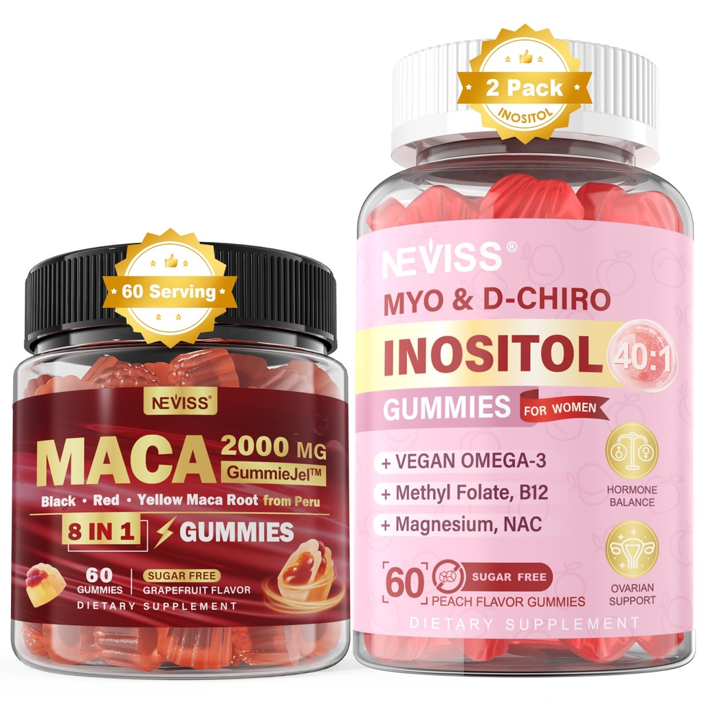 NEVISS bez cukru 1Pack Maca Root vyplnené Gummy & 2Pack Myo-Inositol & D-Chiro Inositol Gummies