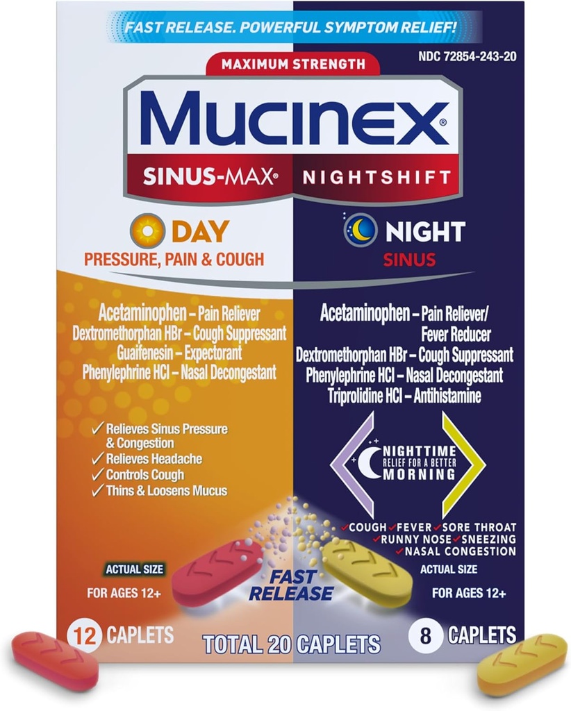 Mucinex tlak, bolesť a kašeľ & nočný posun® Sinus Caplets 20ct