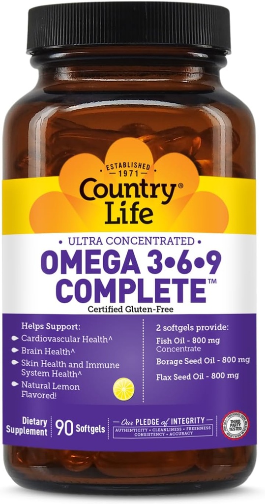 Country Life Omega 3-6-9 Complete Supplement - 1,534mg Omega Mastné kyseliny - podporuje kardiovaskulárne, mozgové, kožné a imunitné zdravie - Certified Gluten Free, non-GMO - 90 Softgels