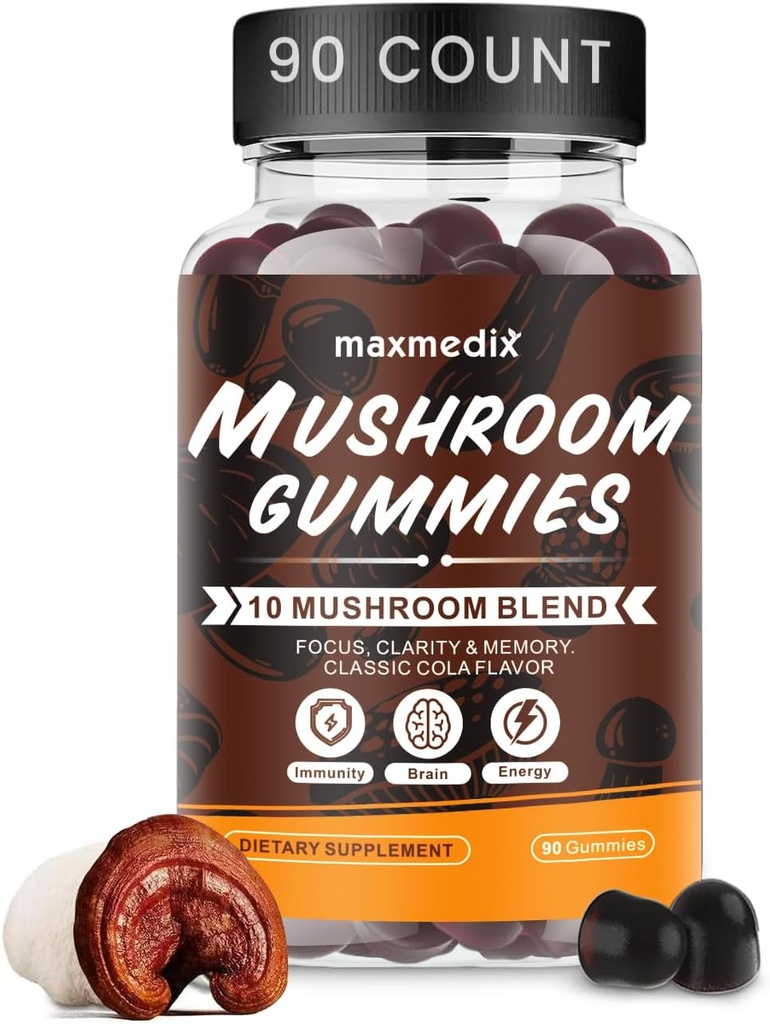 maxmedix Hubové Gumičky - 10x Hubové doplnky s Ashwagandha a Lions Mane - Mozog Booster, Imunitná podpora, Energetika - Hubové doplnky pre mužov a ženy 90 Koksové Gummy