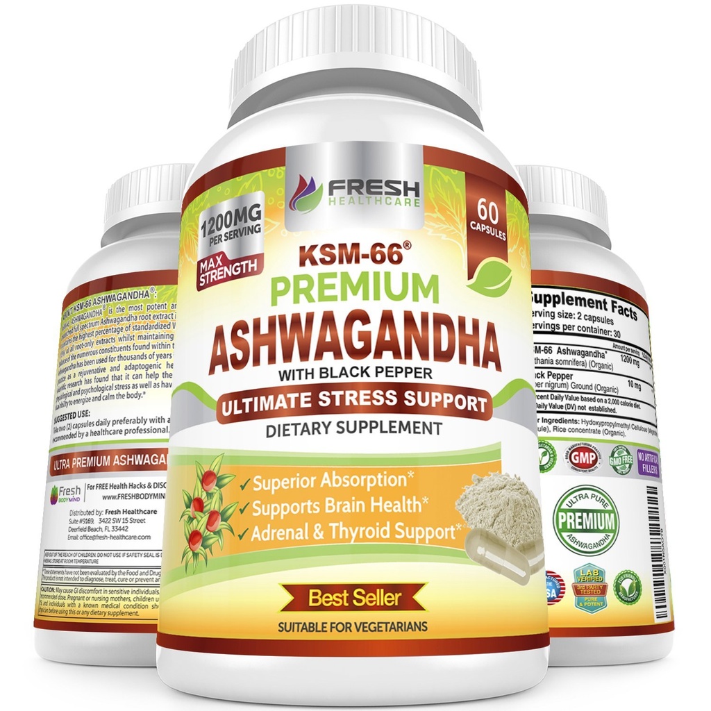 ČERSTVÁ ZDRAVOTNÍCKA Ashwagandha Kapsule KSM-66 1200mg Pure Root Extract with Black Pepper for High Absorbtion - Potent Ashwagandha Supplement - 60 Vegan Kapsule