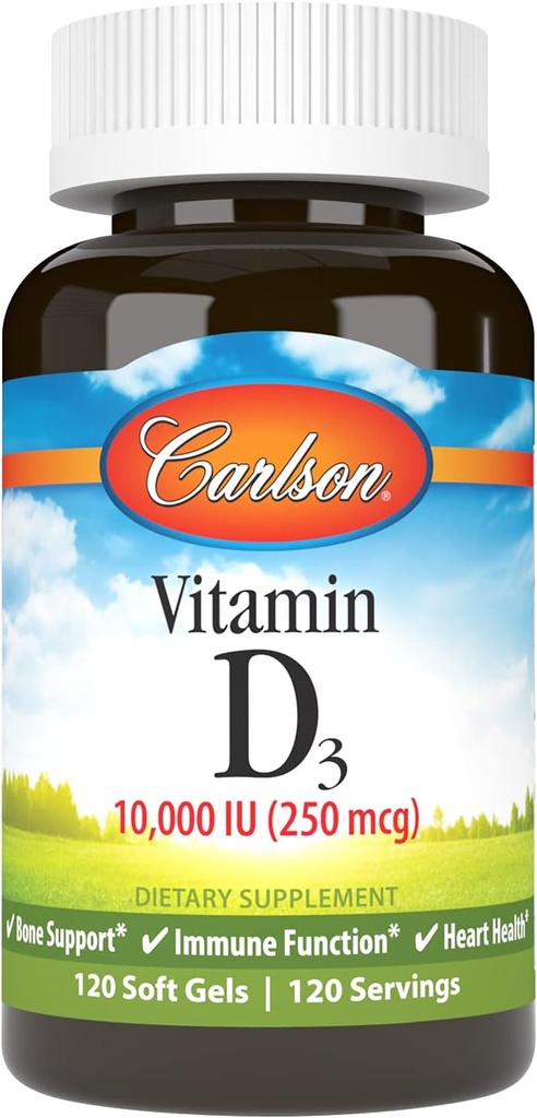 Carlson - vitamín D3, 10000 IU (250 μg), vitamín D doplnky, kosti a imunitná podpora, vitamín D3 mäkké kapsuly, zdravie srdca, bezlepkové vitamín D kapsuly, 120 softgelov