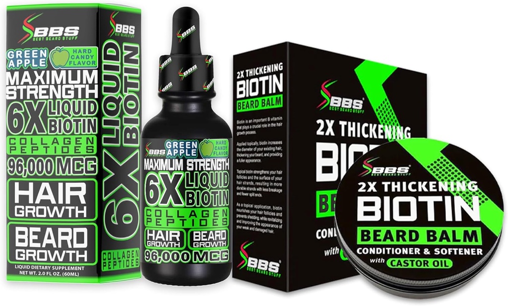 Brada rast Kit w/ 2X zhrubnutie Biotin Brada Balm & fúzy Wax + 6X Liquid Biotin s kolagén Peptidy pre rast vlasov tváre - Formulované v Amerike