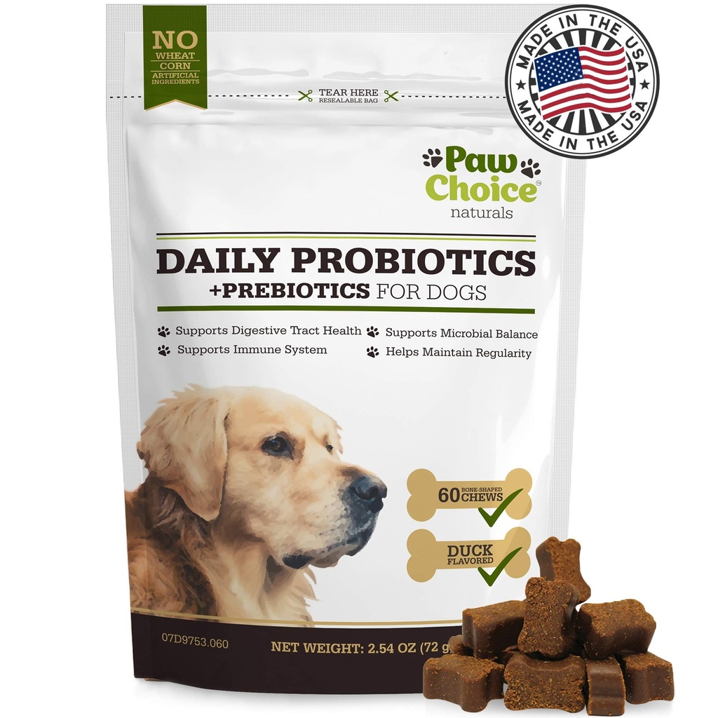 Paw Choice Probiotiká pre psy s prebiotikami - Denné žuvačky pre zdravie Gut, trávenie, pravidelnosť a imunita podpora - Prírodné doplnok liečba vyrobené v USA
