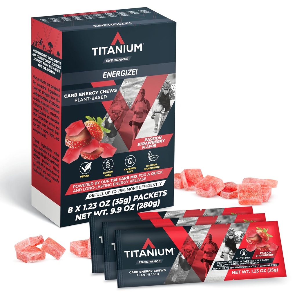 TITANIUM Energy Chews for Running, Cycling - Plant-založené prírodné vytrvalosť energie Gumies to Re Fuel - Energetické doplnky - Preworkout Snack Bloks - Rýchlejšie ako energetické gély - Bez kofeínu - 8 Počet