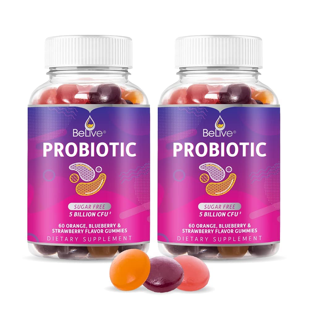 BeLive Probiotické Gummy - Probiotiká s 5 miliardami CFU pre tráviace zdravie, Muži, Ženy a deti Probiotické doplnky pre imunitnú podporu, cukor bez & Vegan 