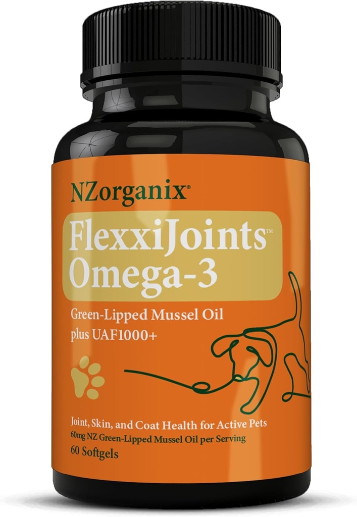 FlexxiJoints Omega-3 Hip a Joint Supplement • Zelená-Lipped Mussel Omega-3 Oil pre psy • 100% Nový Zéland Zelená-Lipped Mussels (60 Softgels)