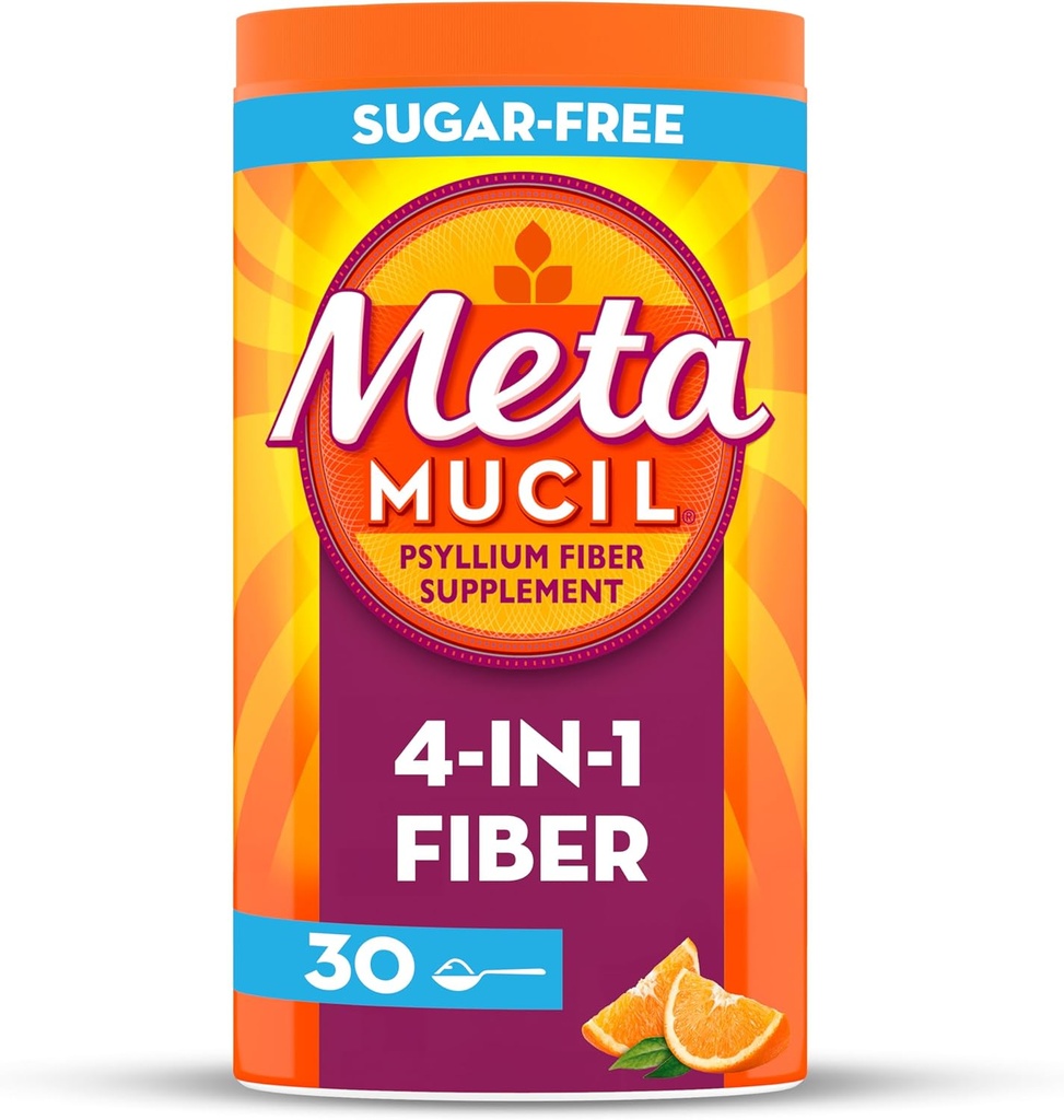 Metamucil 4 v 1 Denné Fiber Supplement Powder, Fiber Powder for Digestive Health and Regularity*, Sugar-free, Orange, Prirodzene Zdroj Psyllium Fiber, 30 kávové lyžičky