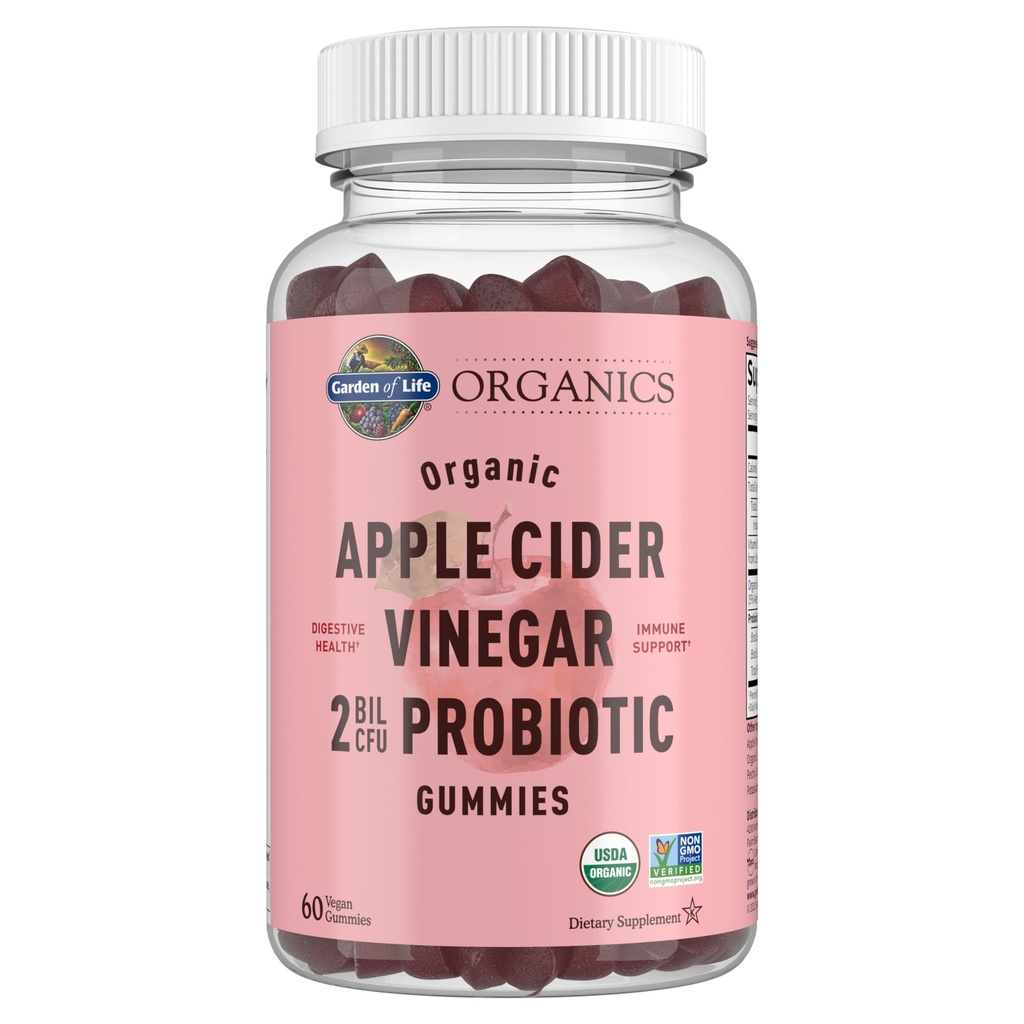 Záhrada života Jablko Cider Ocot Probiotic Gummies USDA Organic ACV Gummy Vitamíny, 2 miliardy CFU, celý potravinársky vitamín B12-60 Vegan, Non-GMO Gummies for Digestion & Imunity