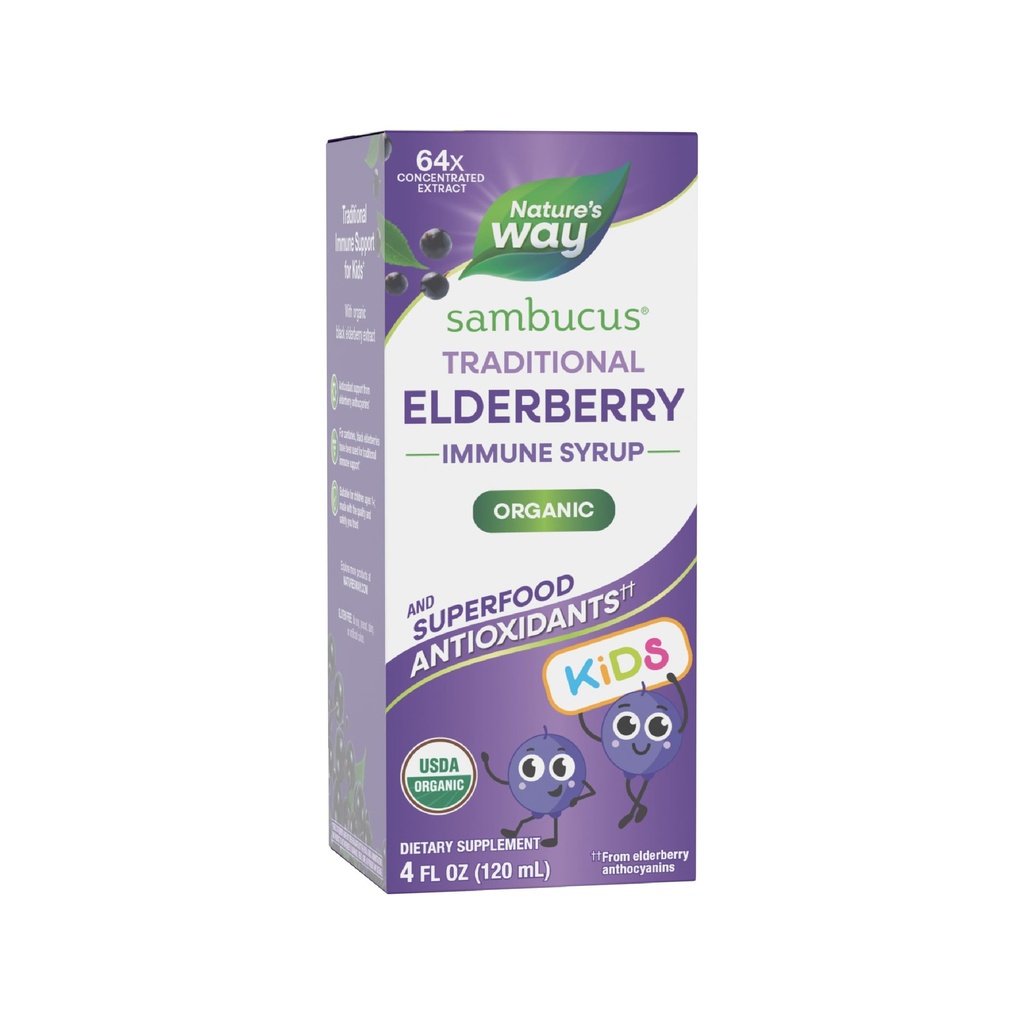 Nature's Way Sambucus Elderberry Traditional Immune Sirup for Ages 1+, Traditional Immune Support*, Antioxidant Support*, Black Elderberry Extract, USDA Certified Organic, 4 Fl Oz