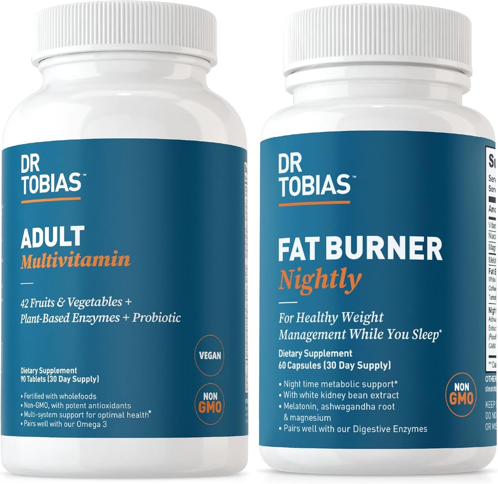 Dr. Tobias Fat Burner Nightly & Adult Multivitamín podporuje energiu, odolnosť a metabolizmus s Ashwagandha. 42 Ovocie a zelenina s probiotikami, extrakt zo zelenej kávy, non-GMO, 30-dňová dodávka