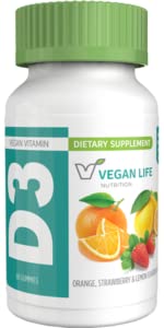 Vegan Life Nutrition - vitamín D3 Gummy pre deti a dospelých (1000 IU) - bezlepkové, bez GMO, podporuje zdravie kostí a imunitný systém - 60 Gummies