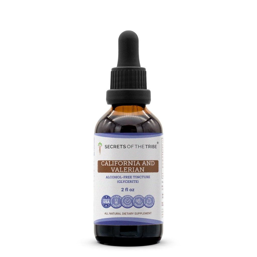 Tajomstvá Tribe California a Valeriána Tinktúra bez alkoholu extrakt, byliny (California Poppy Herb and Flower, Valerian Root) 2 oz