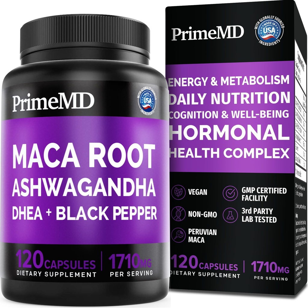6-in-1 Organic Maca Root Ashwagandha Kapsule 1710mg s DHEA a Black Pepper Fruit Extract pre ženy a mužov - Black Maca Supplement pre vytrvalosť, kosti a nálady doplnok, 120 počet