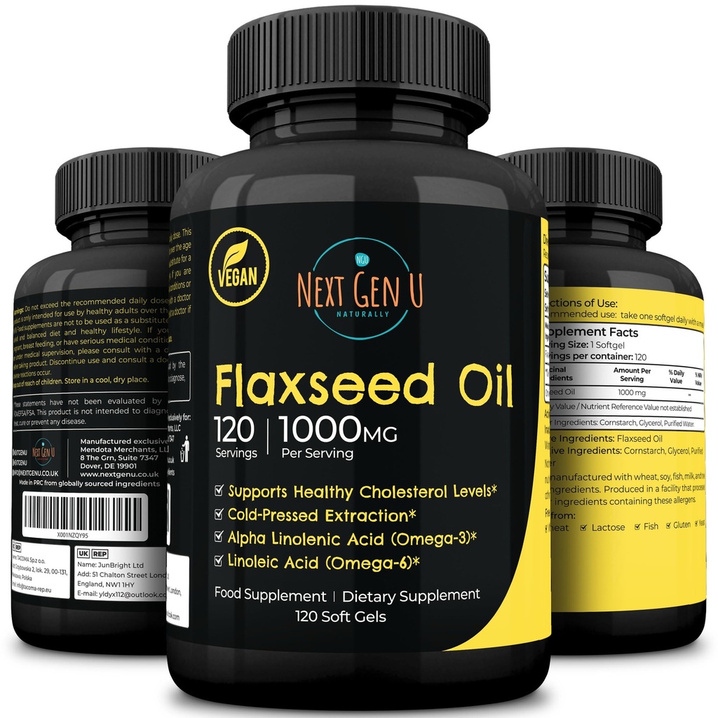 Ľanový olej Kapsule - 1000 mg - 120 Vegan Soft Gels - High in Omega 3, 6, 9 - Cold Pressed Ľan Seed Formula - 4 mesiace dodávky - by NextGenU
