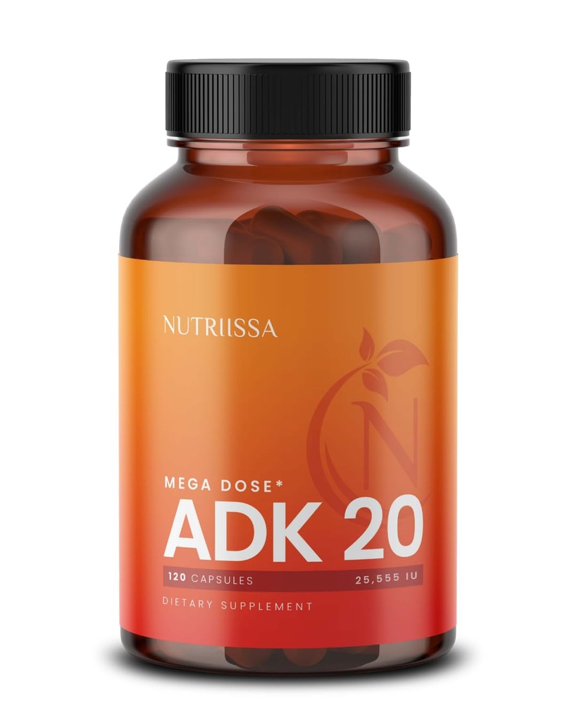 Nutrissa ADK 20 - Immune & Bone Health Support with Vitamíny A, D & K (25 000 IU) - 4-Month Supply - EPEB Certified for Phytogenity & Potency - 120 Vegan Capsules