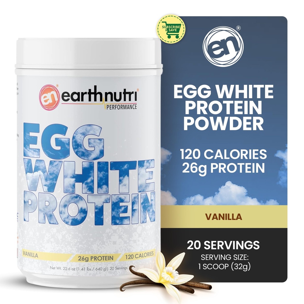 EarthNutri - Vaječný biely proteín prášok doplnok pre pre, intra alebo po tréningu, 26g proteínu na obsluhu, podporuje svalovú silu a zotavenie, žiadne umelé prísady - Vanilla 20 podáva (640g)