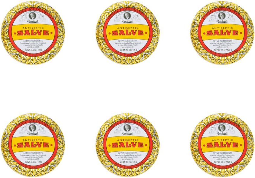 Rawleigh Antiseptický Salve Iconic Yellow Big Tin: 4.5 oz, Multi-Purpose Ointment Upokojuje rezy, Bruises, Irritácie, s Turpentine, Fenol, Bavlníkový olej & Paraffin, Pôvodná formula - balenie 6