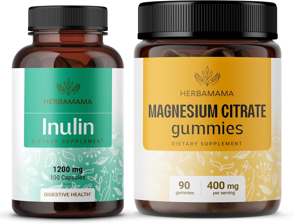 HERBAMA Inulín a horčík Kit - Bundle 1200 mg Inulin Fiber Kapsule & 400 mg Magnézium Citrát Gummy - Vegan, Non-GMO, Želatínové - 2 balenia