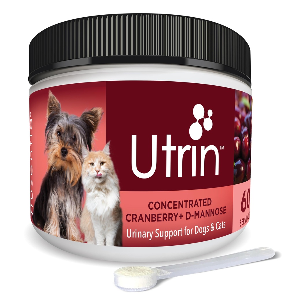 NUSENTIA UTRIN - Podpora moču pre mačky a psy - Dual-Action Cranberry & D-Mannose - pre prírodné zdravie močového mechúra, inkontinencia, a opakované UTI, 60 Slúži