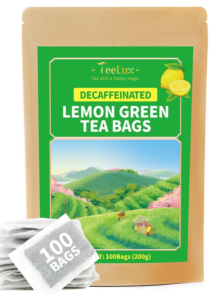 TeeLux Decaf citrónový zelený čaj, hladké kofeínový zelený čaj s osviežujúci citrónový Aróma a chuť, 100 Počet