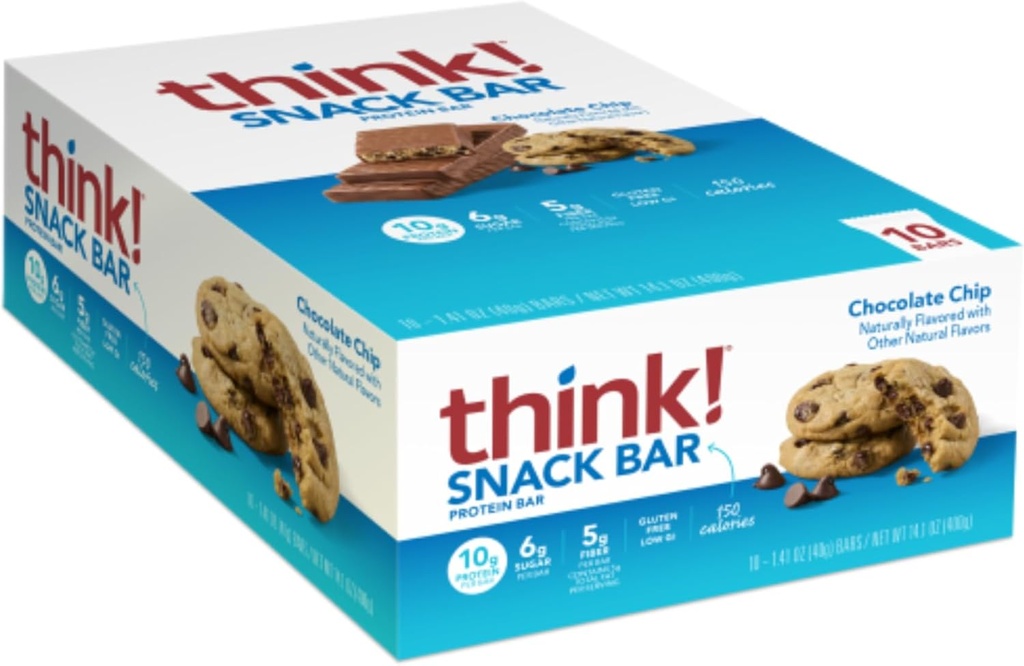 Mysli! Proteínové tyčinky s koreňom čakanky pre vlákna, Podpora trávenia, bez lepidla so srsťou Proteín izolát, čokoládové Chip, Snack Bary bez umelých sladidiel, 1,4 Oz (10 počet)