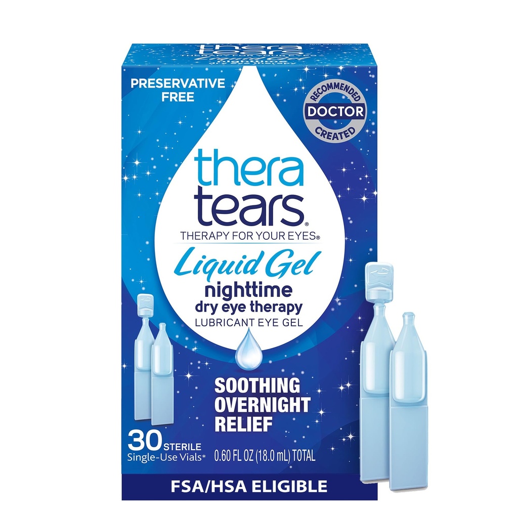 TheraTears Liquid Gel Nighttime Mazanie očné kvapky pre suché oči, jednorázové injekčné liekovky, 30 Počet