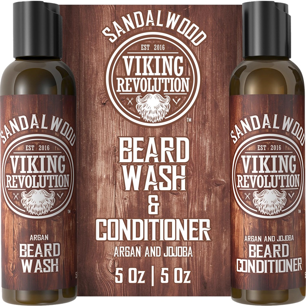 Viking Revolution Beard Wash & Beard Conditioner Set w/Argan & Jojobové oleje - Mäkké a posilňujúce - Prírodný medvedí šampón w/Beard Oil Sandalwood (5oz)