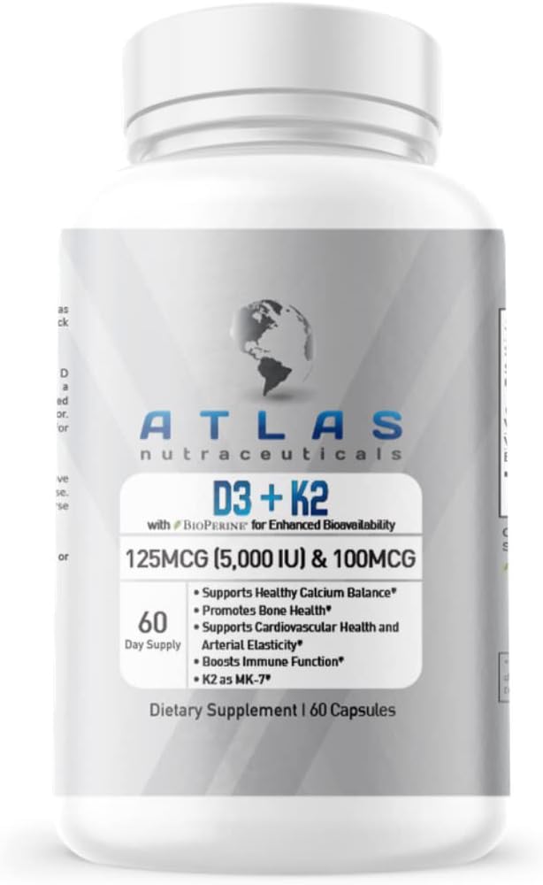 Atlas Nutraceuticals- Vitamin D3+K2- Vitamin D3 5000IU Plus K2, 2 vo Formule, MK7 Vitamín K2, 60 kapsúl, Immune Vitamin Complex