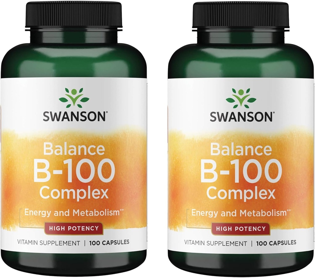 Swanson Vitamín B-100 - Vitamínový doplnok Podpora energie a metabolizmu - Vysoká potencie Formula podporujúce zdravie srdca, mozgu a nervové funkcie - (100 kapsúl) (2 balenia)