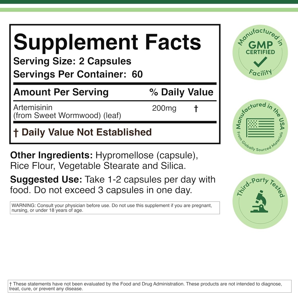 Artemisinin (Sweet Wormwood Cleanse) (Artemisia Annua) 200mg Per Serving, 120 Kapsule (Dva mesiace dodávky) Vegan Safe, Non-GMO, Gluten Free (Immune Support) by Double Wood