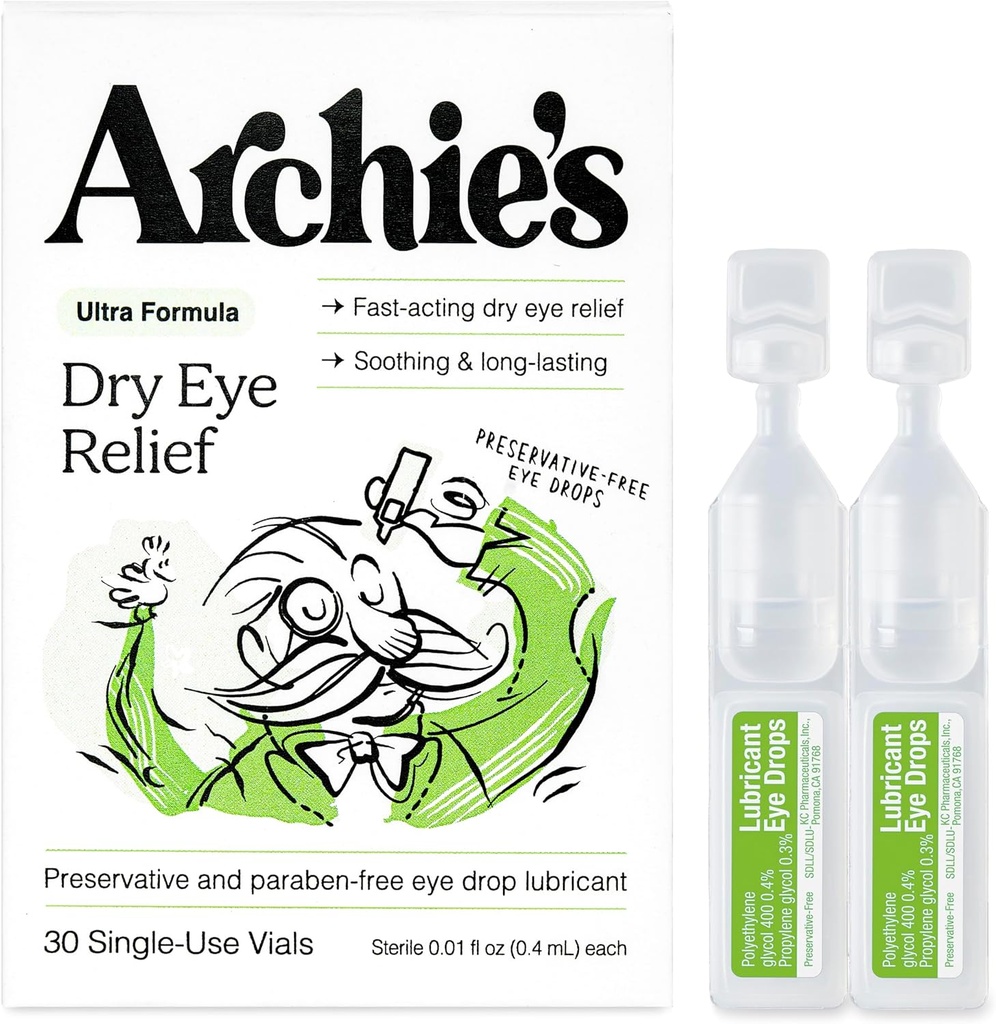 Archie's Remerices, Suché očné relief, Ultra Mazacie očné kvapky, Čistá formula a Konzervačné bez injekčnej liekovky, jedno použitie, pre podráždenie a červené oči, prírodné slzy, 30 Počet