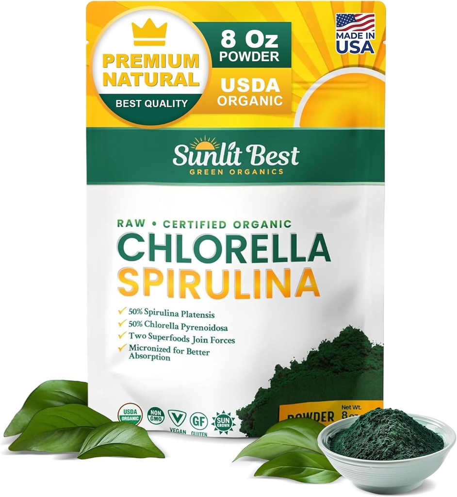 Sunlit Best USDA Organic Chlorella Spirulina Powder - 100% Raw & Vegan Zdroj Bielkoviny & Chlorofylu 