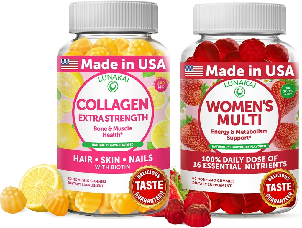 Lunakai Collagen a dámske multivitamínové Gummy Bundle - Non-GMO Anti Aging Doplnky s biotín, zinok, vitamín C a E - 100% denná hodnota 16 Základné vitamíny a minerály - 30 dní
