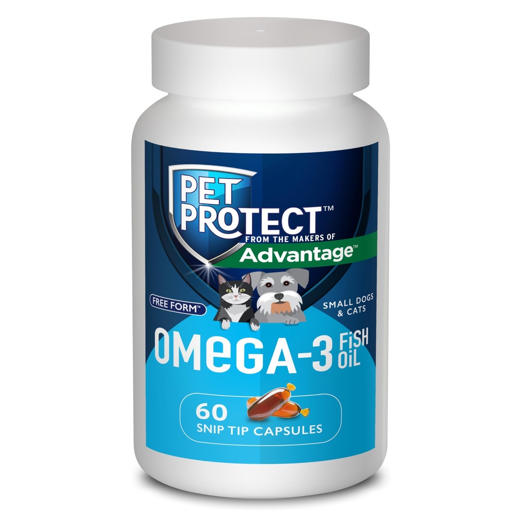 Pet Protect Cat & Small Dog Omega-3 Supplement, Propriety Free Form Blend, podporuje normálne zápalové reakcie, Snip-Tip Kapsule (60 Počet)