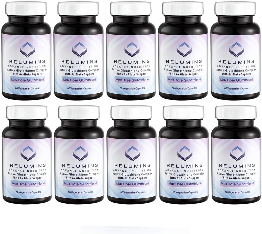 Relumins Advance White Active Glutatión Complex - Max Dose 900mg Glutatión s 6X Boosters, ALA & NAC - Anti-Aging Skin Brightening Supplement - 60 Caps x 10 Fľaše