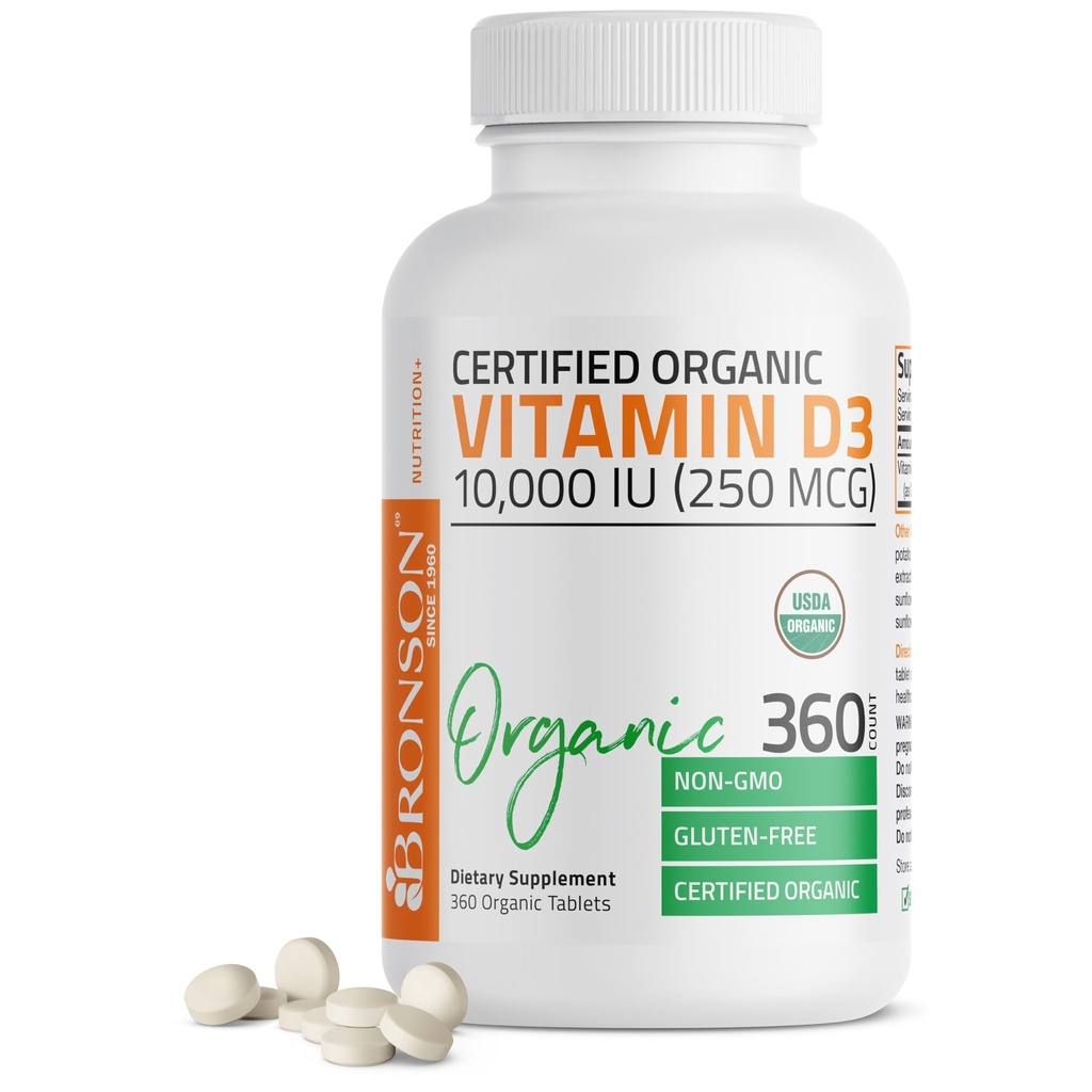Bronson Vitamín D3 10 000 IU (250 μg) Certified Organic High Potency Non- GMO Vitamin D Supplement, 360 tabliet
