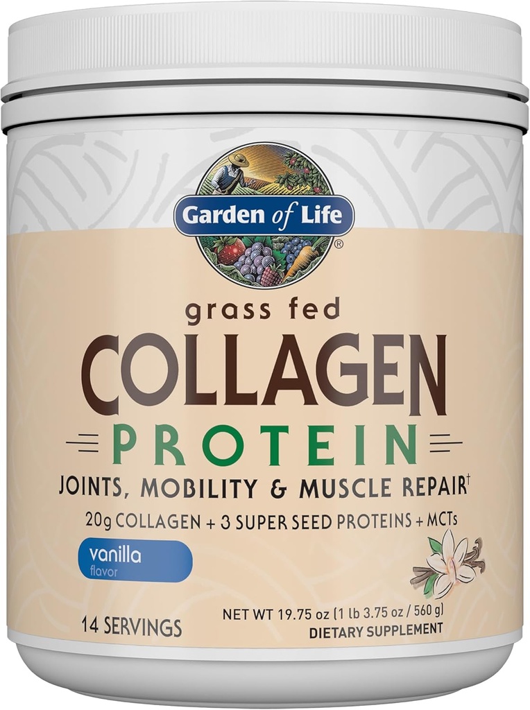 Garden of Life Grass Fed Collagen Protein Powder - Vanilla, 14 Servings, Powder for Joints Mobility Muscle Repair, Collagen Peptidy + Super Seeds + Coconut MCTs, Keto Supplement