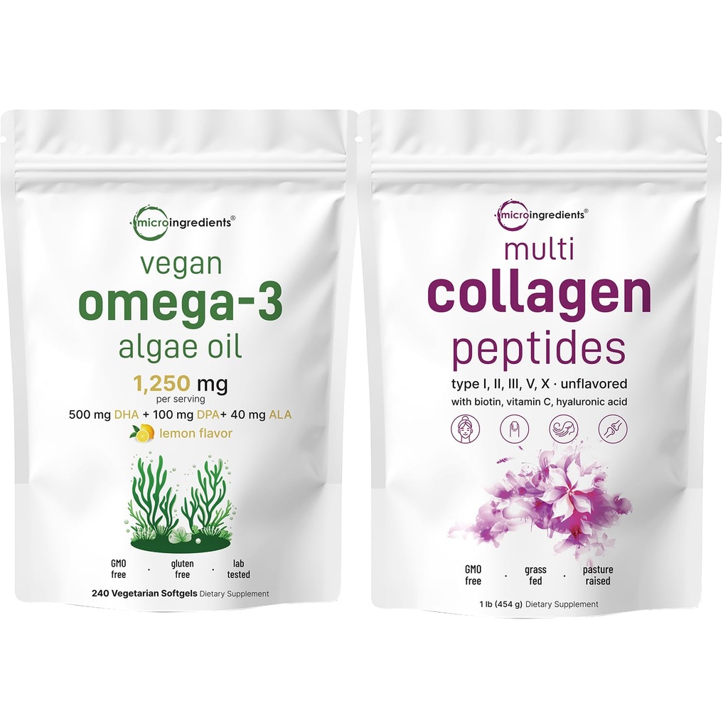 Micro Ingrediencie Multikolagen Protein Powder 16oz & Vegan Omega 3 Algae Oil Supplement Bundle 2 Pack 
