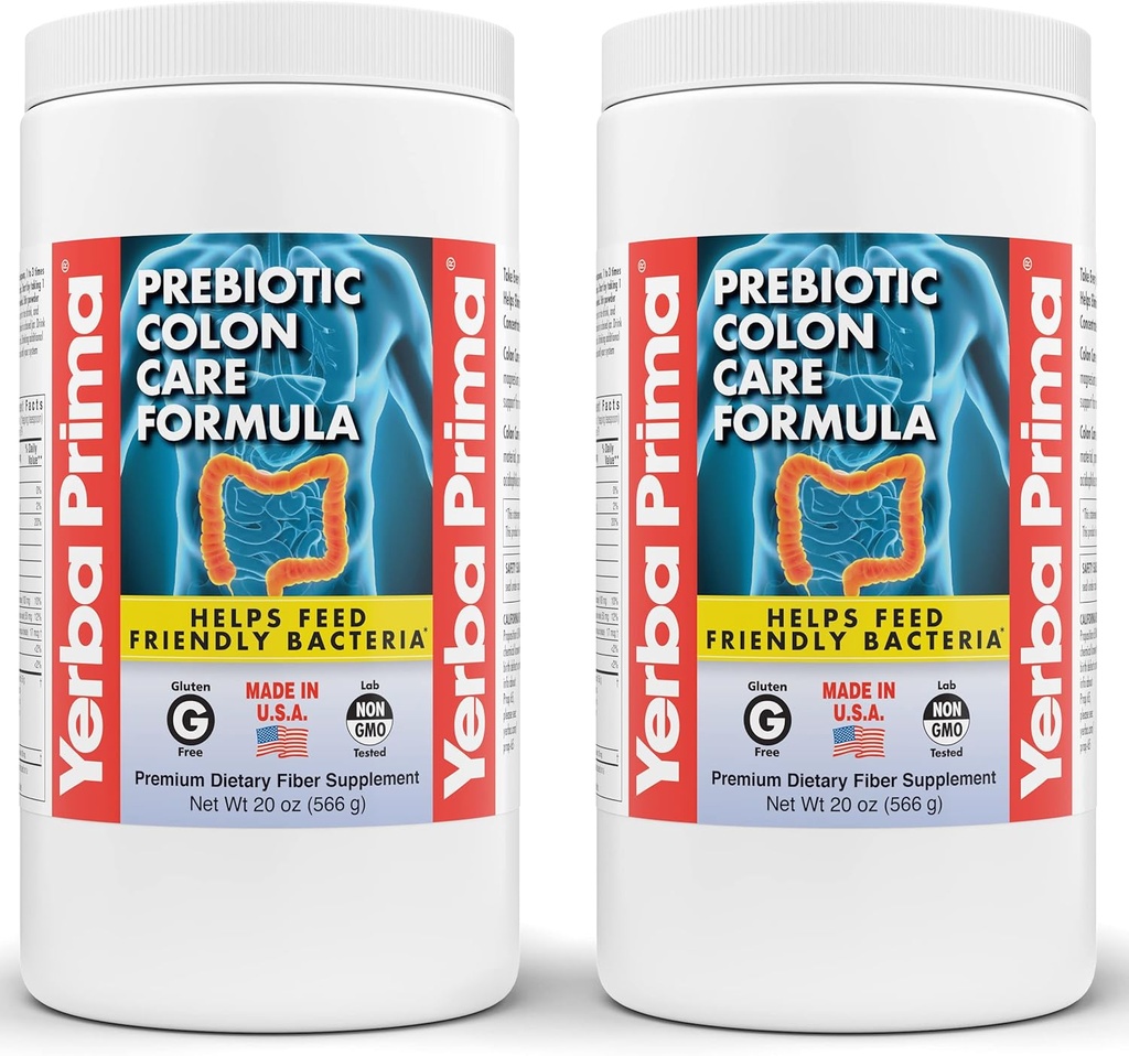 Yerba Prima Prebiotic Colon Care Formula, 20 oz prášok (Pack of 2) s FOS - Prírodné Psyllium Fiber, horčík, selén - Non-GMO, Gluten Free, Vegan Daily Supplement - pre mužov a ženy