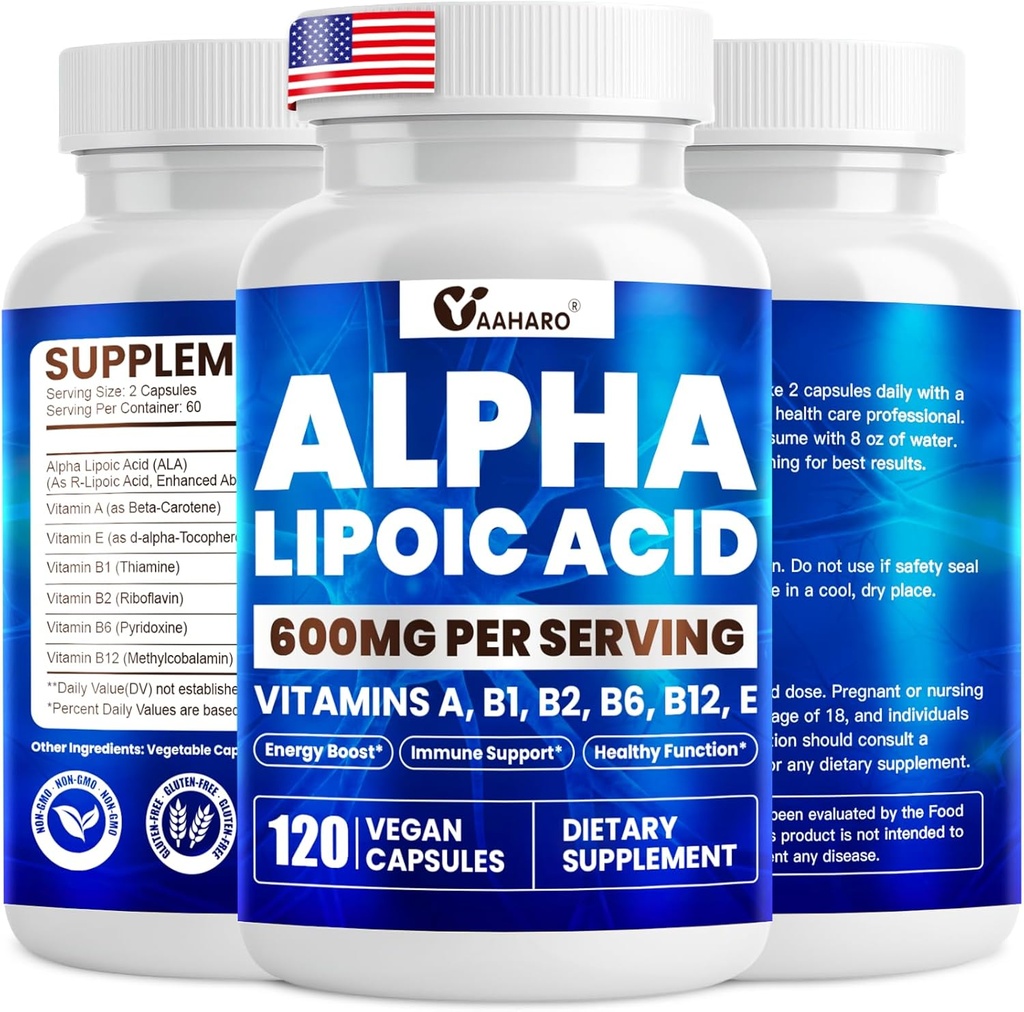 Alpha Lipoic Acid 600mg, ALA Supplement for Energy Boost, Immune Support, Healthy Function, and Enhanced Absorbtion, R-Alpha Lipoic Acid with Essential Vitamíny, 120 Kapsule
