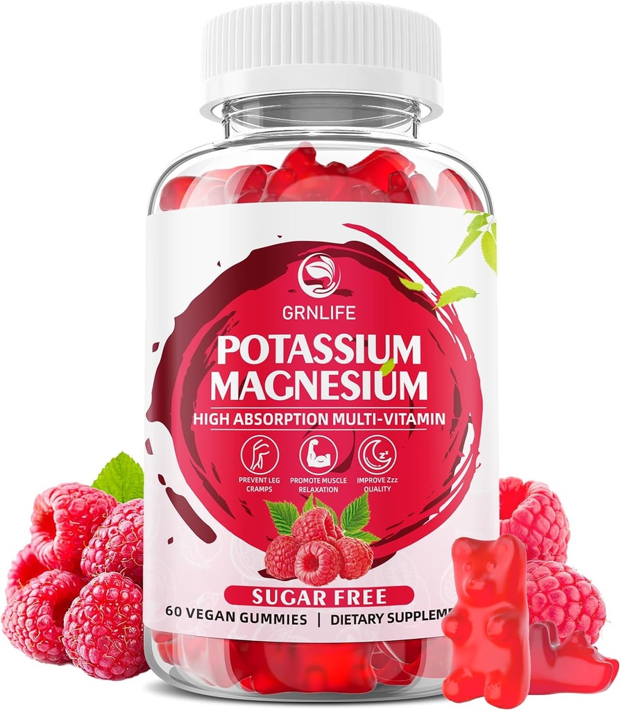 Kálium Magnézium Supplement Gumies, Kálium Gumies pre dospelých Deti, vysoká absorpcia Magnézium Glycinate pre nohy Cramps & Immune Health, bez cukru, Malinová chuť, 60 Počet