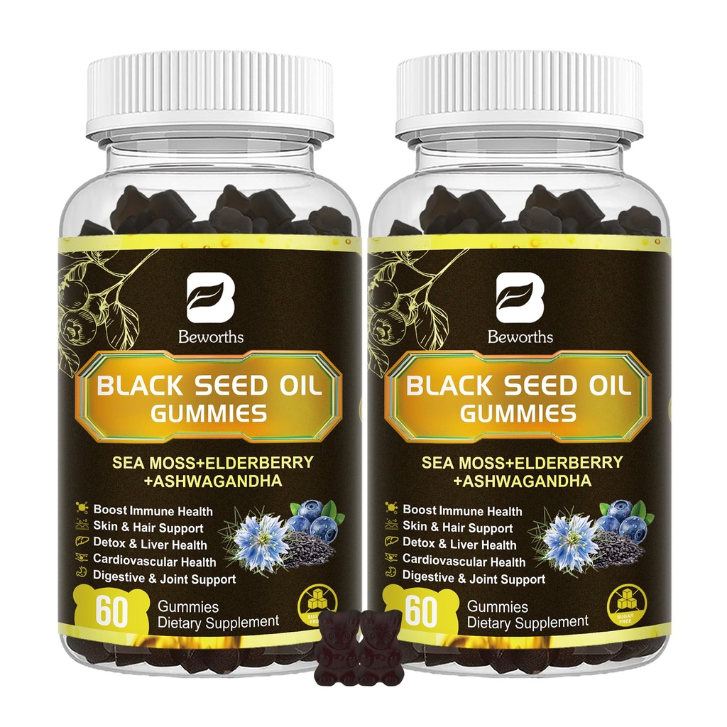 Čierny olej zo semien a morské machy Gummies, 2Pack Irish Sea Moss Gummies s olejom z čiernych semien, Ashwagandha extrakt, bazy, kurkuma, vitamín C, vitamín D3 - imunitná podpora, kĺby, trávenie, vlasy a koža