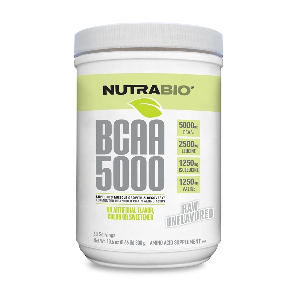 NutraBio BCAA 5000 prášok - Fermentovaný rozvetvený reťazec Aminokyseliny pre rast a zotavenie svalov - prírodné príchute, sladidlá, a sfarbenie, Vegan, lepidlo zadarmo - neochutené, 60 Servisov