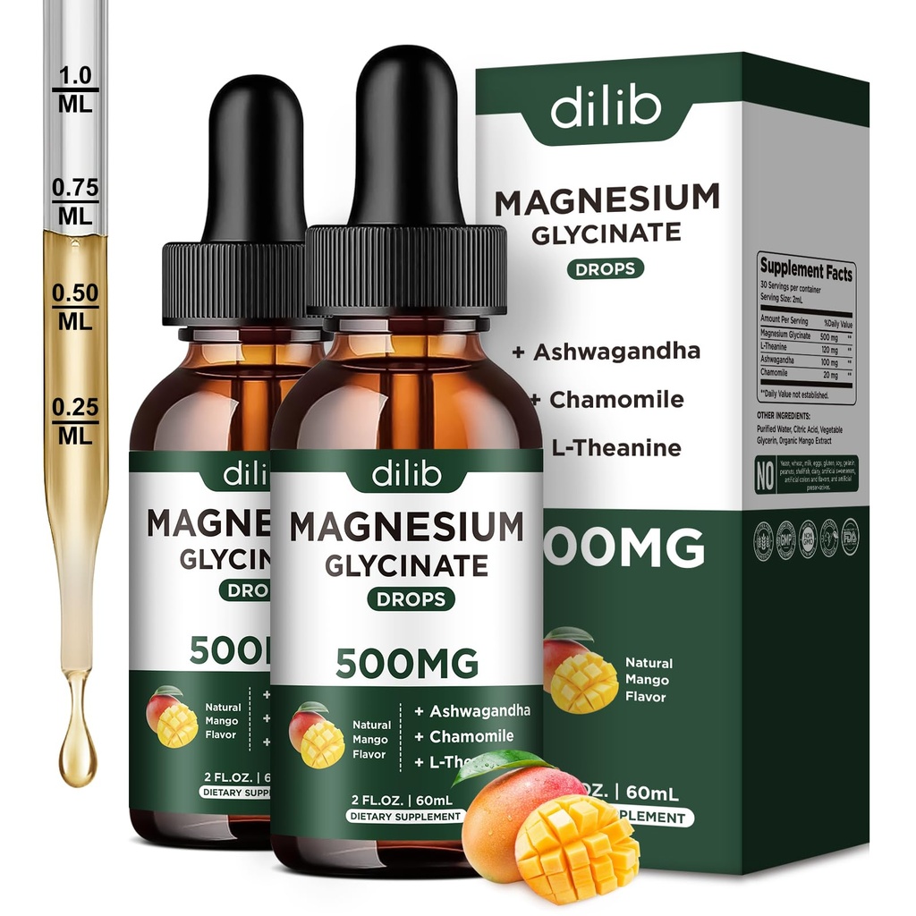 Magnézium Glycinate Tekuté kvapky Supplement, s horčíkom Glycinate 500mg Ashwagandha, L - Theanine, harmanček -Podpora Relief stresu, kosti, svalovina, Mood Mango Flavor 2Pack