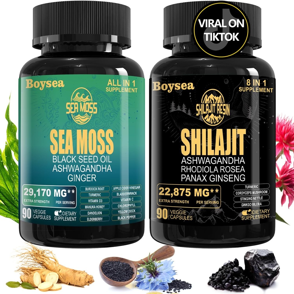 Geloo Superfood Supplement Bundle - 90 Count Sea Moss Kapsule (Sea Moss, Black Seed Oil) & 90 Count Pure Shilajit Kapsule (Shilajit, Ashwagandha) - 1 Balenie